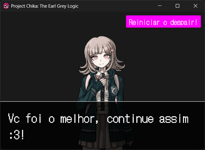 Uma das telas finais do programa, mostrando a personagem chiaki nanami te parabenizando
